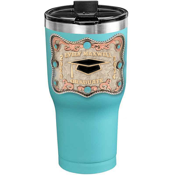 A customized tumbler made of stainless steel with a personalized engraved name and graduate cap figure, 30 oz, ideal for coffee or cool drinks